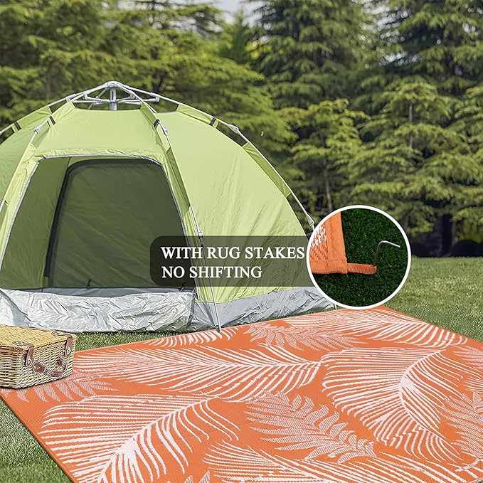 Pauwer Waterproof Outdoor Rug 6x9, Reversible Plastic Straw Patio Camping Rug, Indoor Outdoor RV Mat Carpet for Deck, Camper, Porch, Balcony, Backyard, Picnic, Leaf Orange