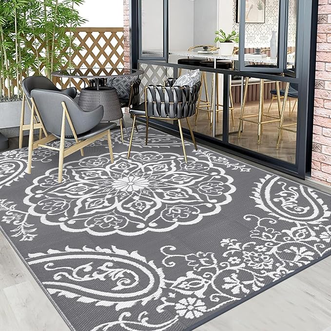 Pauwer Waterproof Outdoor Rug 6x9, Reversible Plastic Straw Patio Camping Rug, Indoor Outdoor RV Mat Carpet for Deck, Camper, Porch, Balcony, Backyard, Picnic, Boho Grey