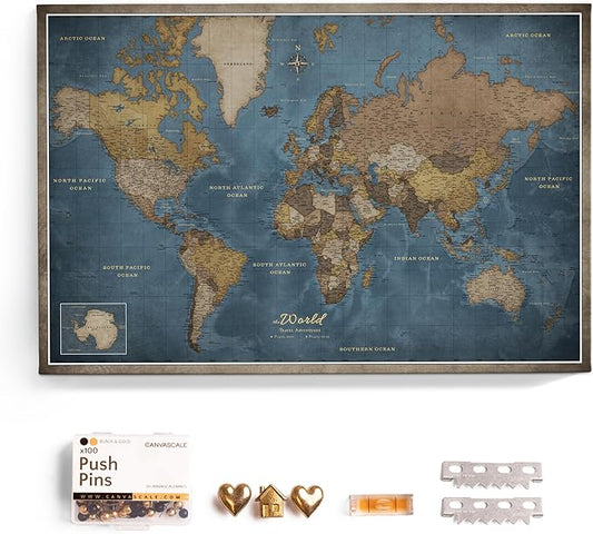 Canvas World Map with Cork Pin Board - English Lettering - Decorative Wall Decoration for All Rooms - Canvas Pictures with World Map Motif (90x60 cm, Pattern 13)