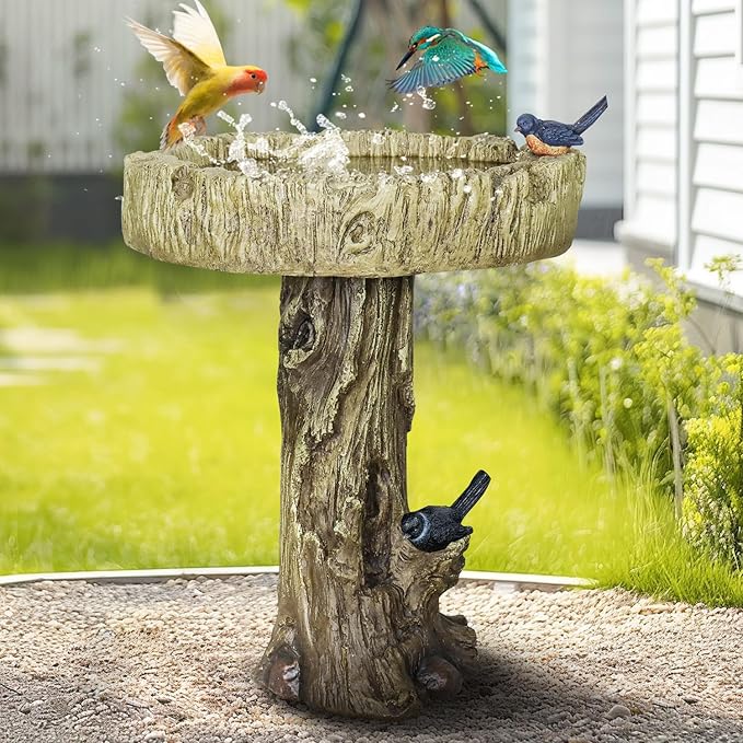 SunJet 24.4 Inch Heigh Wood-Look Concrete Bird Bath with Decorative Faux Bird – birdbath Rustic & Long-Lasting Design, Enhances Garden, Patio, Yard, Lawn Décor