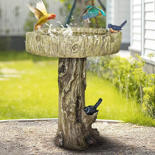 SunJet 24.4 Inch Heigh Wood-Look Concrete Bird Bath with Decorative Faux Bird – birdbath Rustic & Long-Lasting Design, Enhances Garden, Patio, Yard, Lawn Décor