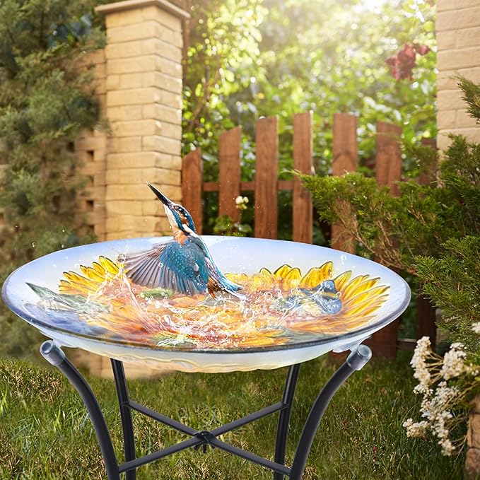 VCUTEKA Bird Baths for Outdoors, Glass Bird Bath with Metal Standing for Garden, Yards Patio Décor, Bird Lovers Gift, Sunflower Glass Birdbath Detachable (22" H * 18" W)