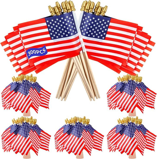 300pcs Small American Flags on Stick, Handheld 8 x 5.5 Inchs Mini American Flags with Kid-Safe Golden Spear Top, US Flags for 4th of July Decorations Outdoor, Independence Day Decorations
