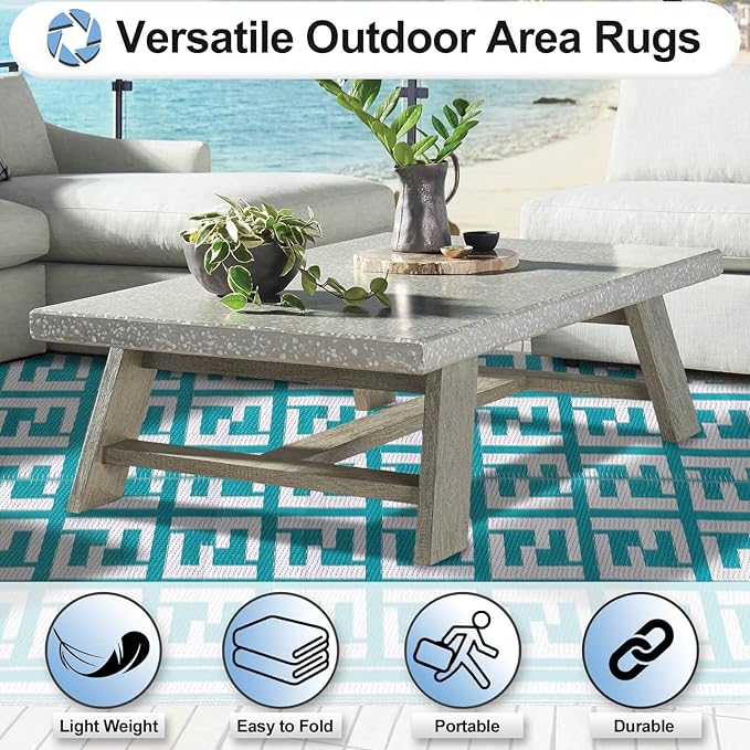 OutdoorLines Outdoor Plastic Area Rugs for Patio 5x8 ft - Reversible Outside Carpet, Stain & UV Resistant RV Mats, Straw Rug for Camping, Deck Garden, Porch and Balcony, Geometry Teal & Light Grey