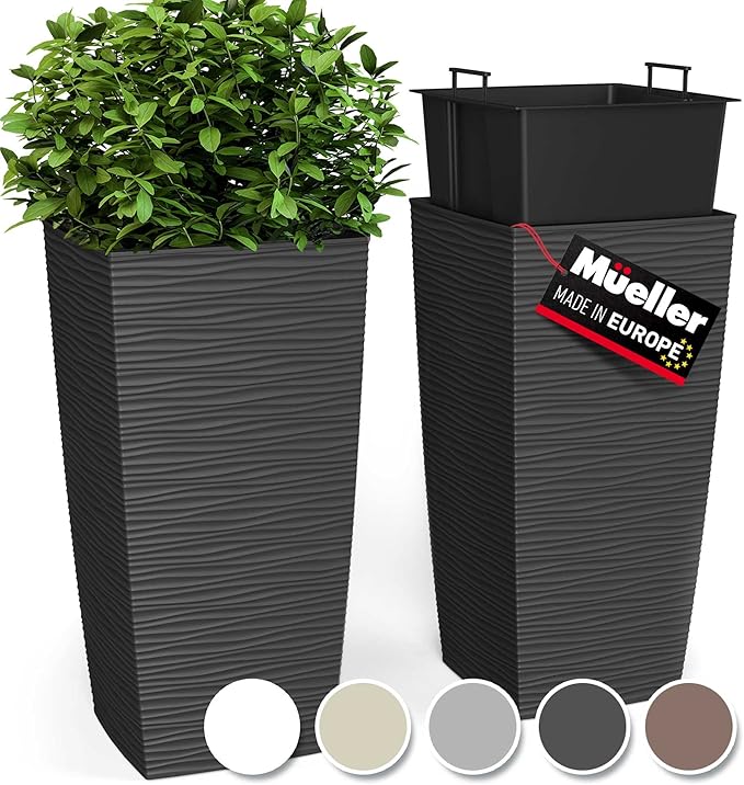 Mueller M-Resin Heavy Duty Tall Planter, Indoor/Outdoor Grande Plant, Tree, Flower Pot, 2-Piece Set, 27.5”, Modern Design, Built-in Drainage, Dark Grey