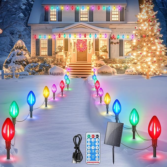 Minetom Solar Double C9 Christmas Pathway Lights Outdoor -16FT 10 LED C9 Christmas Lights Outdoor with Timer,8 Modes, Solar Christmas Outdoor Decorations for Lawn Walkway Outside Holiday, Multicolor