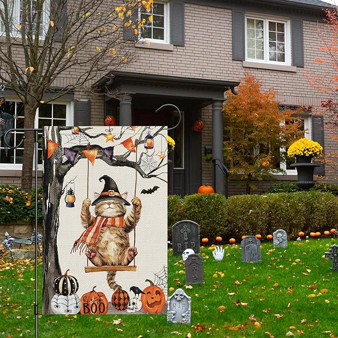 Heyfibro Halloween Cute Cat Swing Garden Flags 12 x 18 Inch Vertical Double Sided Burlap, Pumpkin Skull Bat Yard Flag for Seasonal Fall Thanksgiving Farmhouse Decoration(ONLY FLAG)