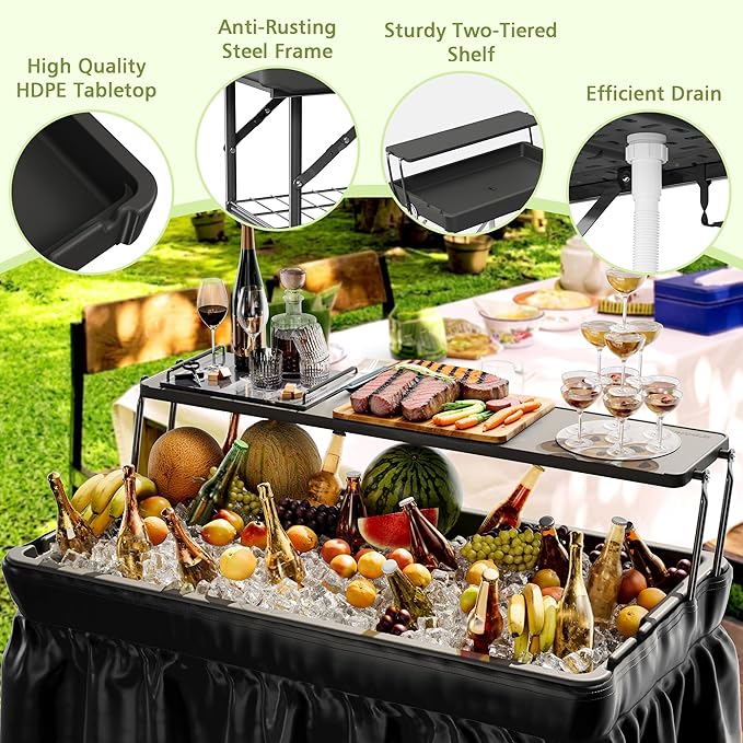 Outdoor Ice Cooler Folding Table with Extra Storage Shelf,Ice Tables for Parties with Drain,Cooler Server for Camping, Picnic, Wedding, BBQ, Black