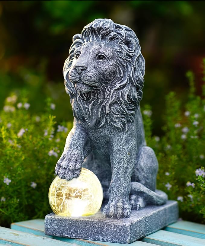 Solar Lion Statue for Garden Decor: Outdoor Figurines Sculpture with Ball for Lawn Patio Yard Balcony - Gifts for Mom Grandma Women