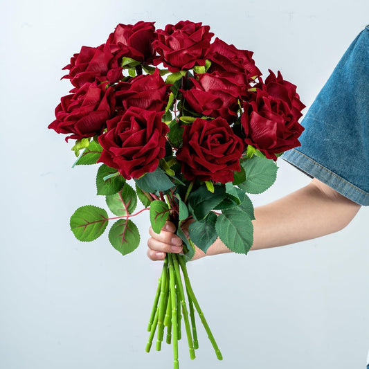 Fake Roses Faux Flowers Silk Roses Artificial Roses with Stems Realistic Artificial Flowers Suitable for Indoor Home Decoration DIY Bouquet Wedding Decor Party Decor 16.5In (12PCS, Red)