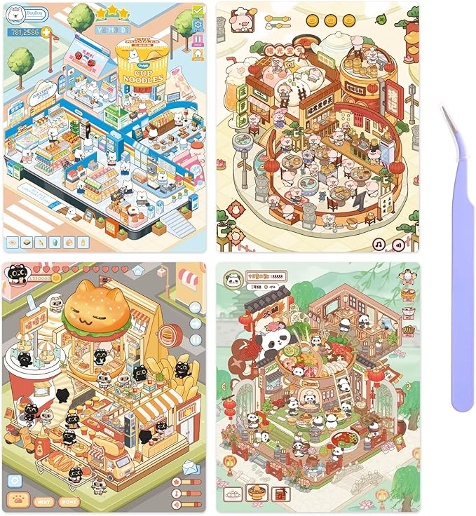 Girls 3D Miniature Scene Stickers, 4 Sets Mini Stores DIY House Stickers for Burger, Hot Pot, Convenience Store, Breakfast, Cute 3D Cartoon Scene Stickers for Adult Kids Relief Stress Pass The Time