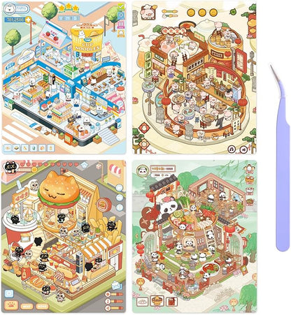 Girls 3D Miniature Scene Stickers, 4 Sets Mini Stores DIY House Stickers for Burger, Hot Pot, Convenience Store, Breakfast, Cute 3D Cartoon Scene Stickers for Adult Kids Relief Stress Pass The Time