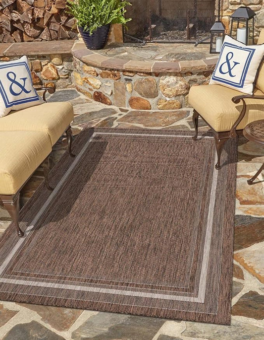 Unique Loom Outdoor Border Collection Area Rug - Soft Border (10' x 14' 1" Rectangle Brown/Ivory)