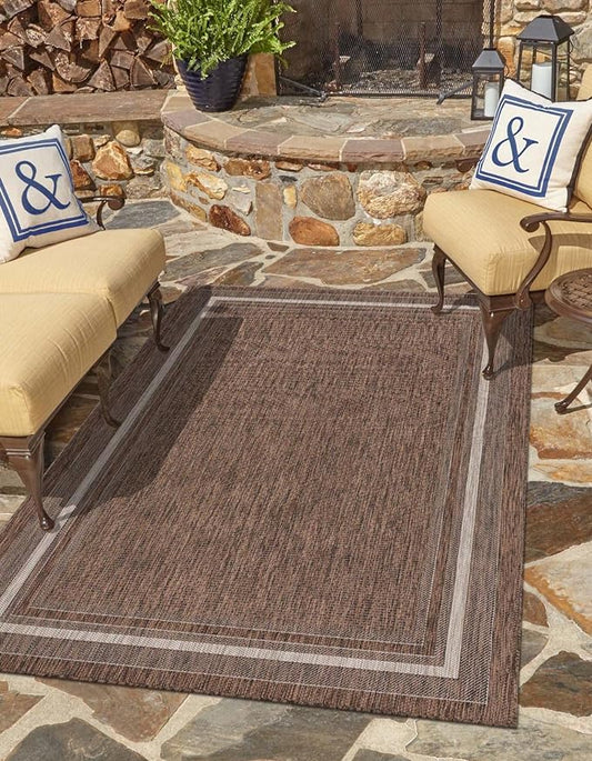 Unique Loom Outdoor Border Collection Area Rug - Soft Border (5' 3" x 7' 1" Rectangle Brown/Ivory)