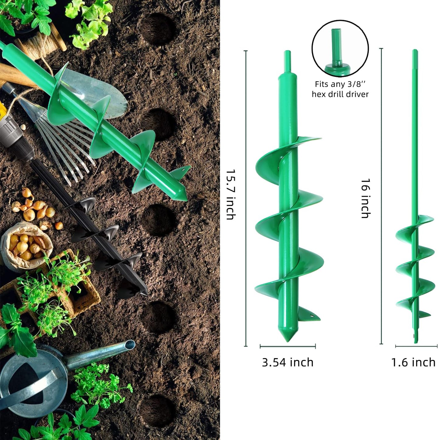 Garden Auger Drill Bit for Planting Set of 2,Soil Ground Earth Spiral Drill Bit for 3/8" Hex Drive Drill, Yard Auger for Bulbs Planting, Hole Digger Flowers,Umbrella Holes,Bedding Digging Planter