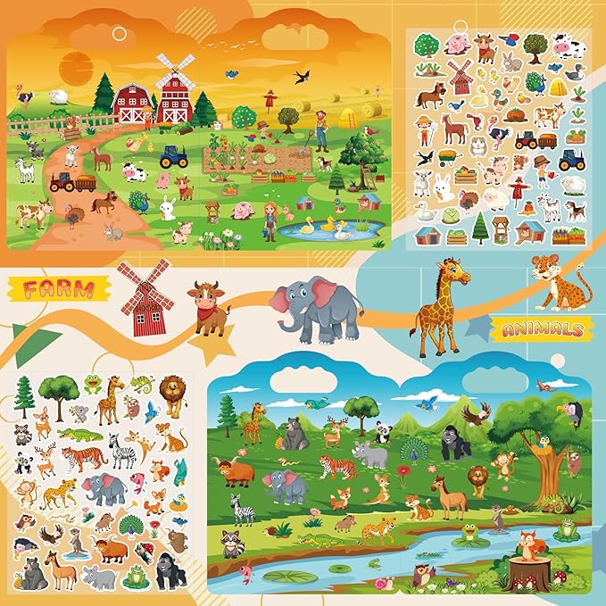 2 Set Reusable Sticker Books for Toddlers 2-4 Years, Puffy Reusable Sticker Activity Book for Kids Toddlers 1-3 Girls Boys Birthday Gifts Include Animal & Farm