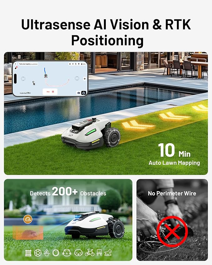 YUKA Mini 500 Robotic Lawn Mower for 0.12 Acre,Ultrasense AI Vision+ RTK Positioning, Auto Mapping, App Control,50% Slope,Perimeter Wire Free, 15 Mowing Zones Management