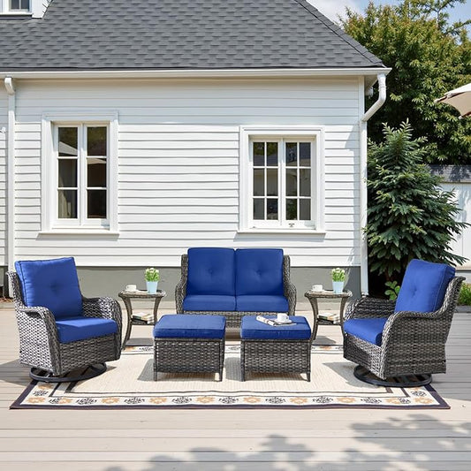 Outdoor Patio Furniture Set - 7 Piece Gray Wicker Conversation Patio Furniture Set All Weather Swivel Chairs with Ottoman and Loveseat Glider Chair for Deck Balcony Backyard