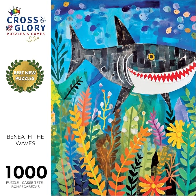 Cross & Glory - Beneath The Waves: Shark's Colorful Realm - 1000 Piece Jigsaw Puzzle for Adults & Kids 12+ | Vibrant Oceanic Art | Satin Finish | 20x27 Inches