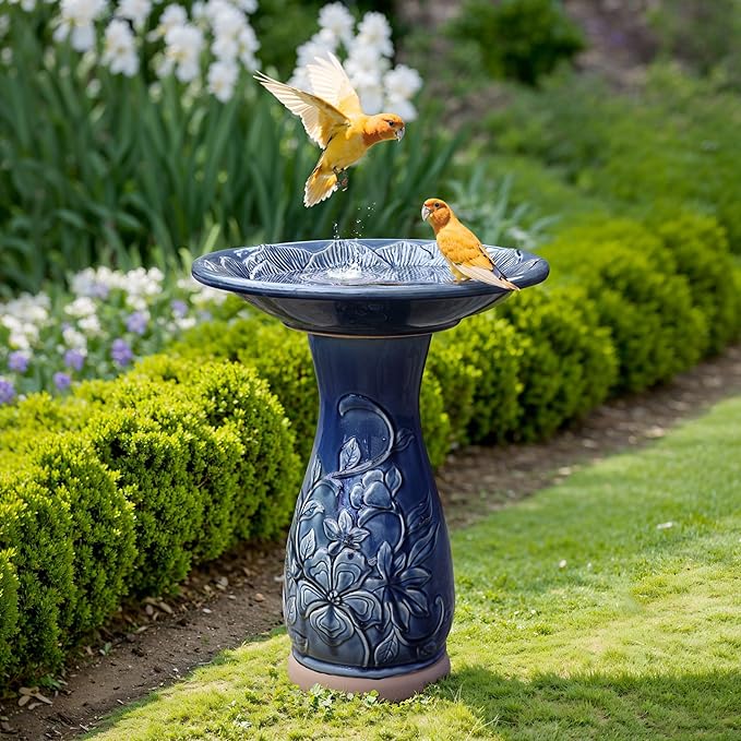 LuxenHome 22 Inch Ceramic Bird Bath for Outside, Elegant Tall Outdoor Bird Bath, Lightweight Pedestal Glazed Birdbaths for Outdoors with Floral Pattern, Deep Blue