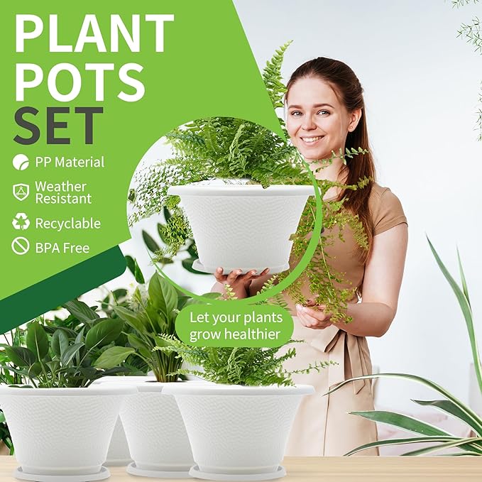 Quarut 12 Inch Plant Pot,4 Pack Large pots for Plants,Flower Pots with Drainage Hole & Saucer,Modern Planters for Indoor Outdoor Plants,Decorative Resin Garden Pots,White