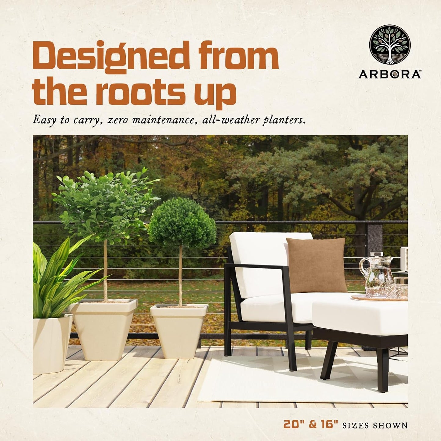 ARBORA 16" Mykonos Square Polyresin Indoor and Outdoor Planter with Classic Cream Finish - Durable, Weatherproof, Lightweight, Large Plant Pot for Patio, Garden, Deck, Entryway