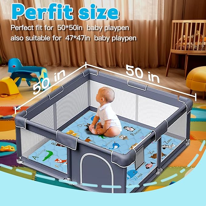 Baby Play Mat，Thick Soft 50" X 50" Playpen mat, Non-Slip and Machine Washable Baby Play Mats for Floor，Crawling Mat for Babies, Toddlers & Infants to Play and Learn (Blue Animal, 50" X 50")