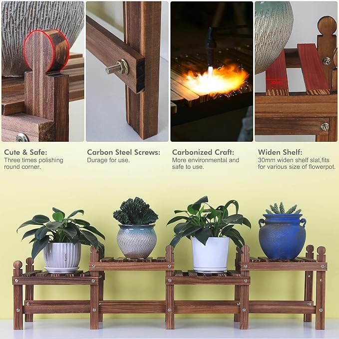 Wood Plant Stand Indoor Outdoor,4 Tiers Plant Stand Bench Indoor,Low Window Plant Shelf Small Long Flower Pot Stand for Multiple Plants (11.8"-44'')