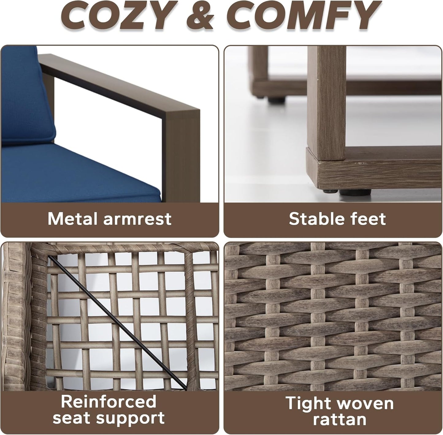 Wicker Patio 75" Sofa Set with Two Armchairs, All Weather Rattan Outdoor Conversation Furniture Set with Wood-Looking Metal Armrest & Removable Cushions for Deck Backyard Porch, Dark Blue