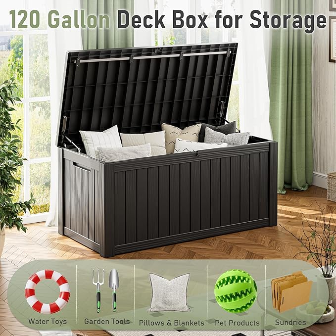 KAMABOKO Outdoor Storage Box, 120 Gallon Large Outdoor Resin Deck Box, Storage Waterproof Boxes Lockable Lid for Garden Tools, Pool Supplies, Patio Furniture and Cushions, Black