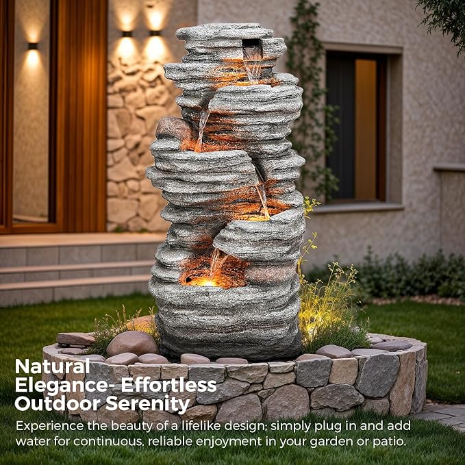40" Outdoor Water Fountain with LED Lights - 5-Tier Cascading Rock Waterfall Fountain, Natural Rock Look, Ideal for Garden, Landscaping, Patio, Balconies and Yard Decor