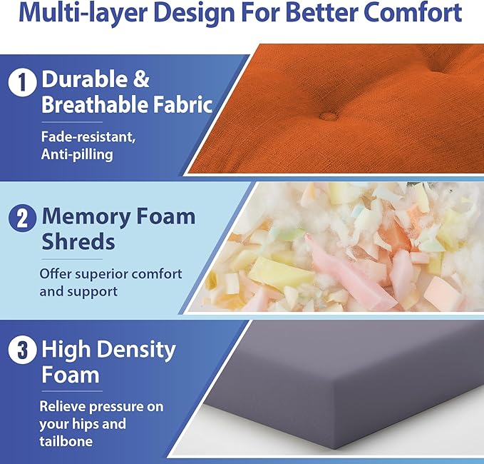 Chair Cushions for Dining Chairs, Dining Chair Cushions, Tufted Indoor Chair Pads with Ties & Non Slip Backing, Seat Cushions for Kitchen Chairs 16.5” x 16.5” x 3.5”, Set of 6, Orange