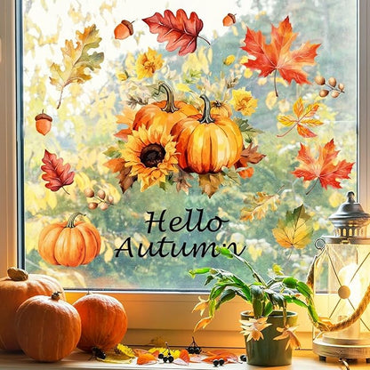 1 Sheet Pumpkin Window Clings Fall Window Clings for Glass Windows Double-Sided Hello Autumn Maple Leaf Flower Pumpkin Window Stickers for Glass Windows Decoration for Party Home Shop Decorations