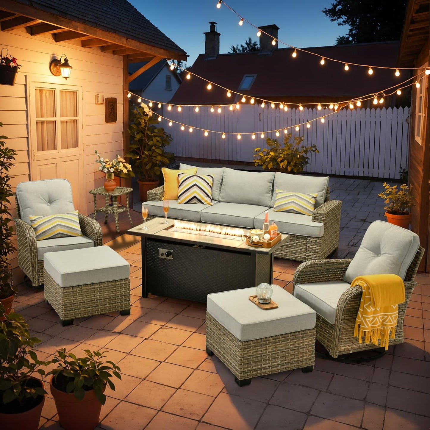 HOOOWOOO Outdoor Sectional Patio Furniture Set with Fire Pit Table,9 Pieces Wicker Conversation Sets,Extra Deep Out Door Sofa Outside Furniture Couch Swivel Chairs Ottoman,Light Gray