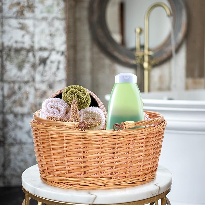 Wicker Picnic Basket with Double Folding Handles, Natural Large Willow Hamper Empty Basket Cheap Easter Eggs Candy Storage Wine Basket for Toy, Flower, Wedding（Red 16inch）