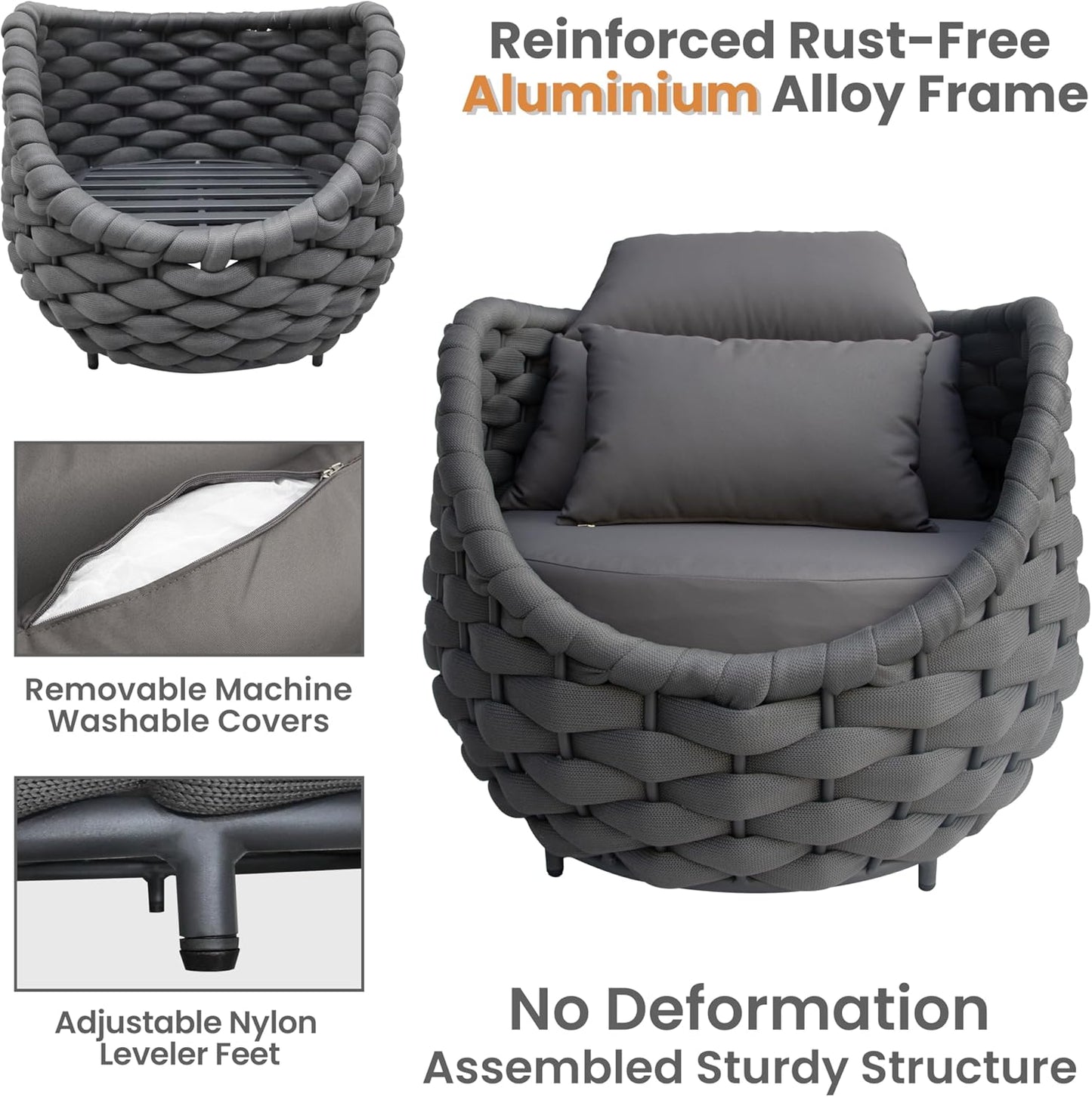 Balcony Furniture Set for Apartments: 4 Pieces Aluminum Woven Rope Patio Conversation Set - Modern Cushioned Lounge Chair Set - Assembled Porch Armchair for 400lbs Garden Lanai Hotel, Dark Grey