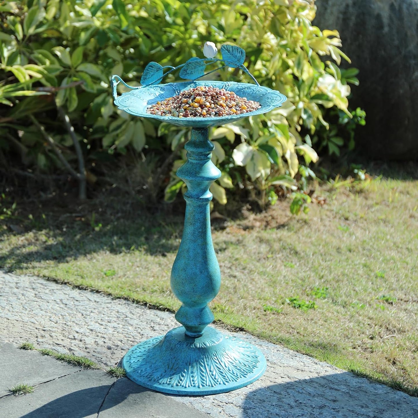 22" H Bird Baths for Oudoors, Antique Pedestal Bird Bath with Bird Statues Metal Birdbaths Bird Feeder Bowl Tray Garden Yard Decoration, Blue