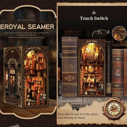 ISSEVE Book Nook Kit, DIY 3D Wooden Puzzle Dollhouse Booknook for Adults, Tiny Miniature House Kit Bookshelf Decor with LED Light and Dust Cover, Gifts for Family and Friends (Royal Seamer)