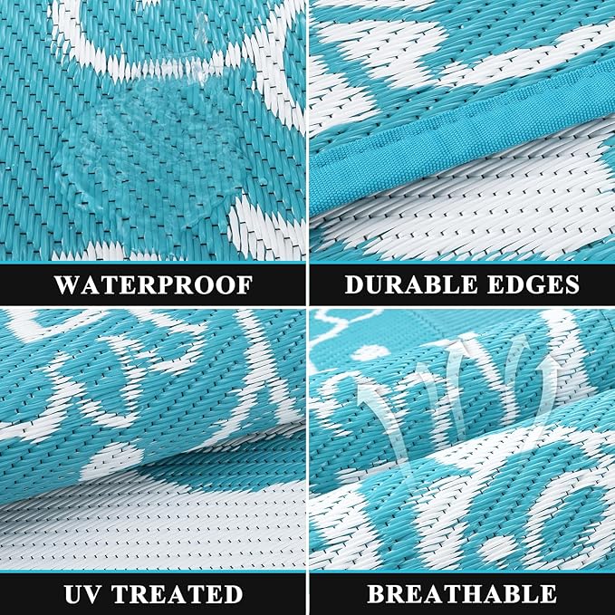 Pauwer Waterproof Outdoor Rug 9x12, Reversible Plastic Straw Patio Camping Rug, Indoor Outdoor RV Mat Carpet for Deck, Camper, Porch, Balcony, Backyard, Picnic, Boho Teal