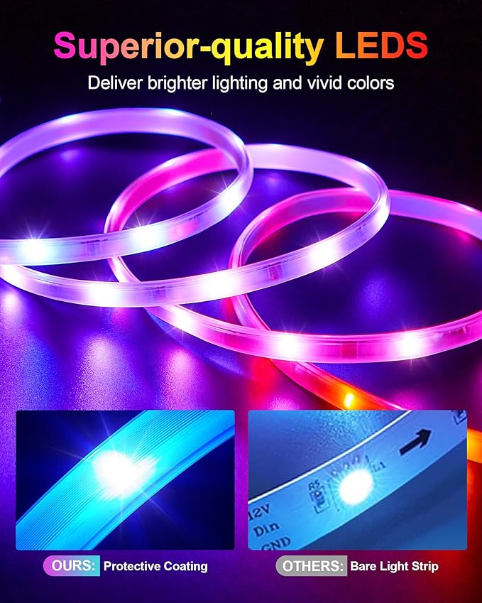 Solar Led Strip Lights Outdoor RGB,16.4FT Music Sync Solar Strip Lights Outdoor Waterproof IP68 with Remote & 8 Lighting Modes,Powered Rope Lights for Yard Trees,Garden,Step,Patio,Fence,Deck