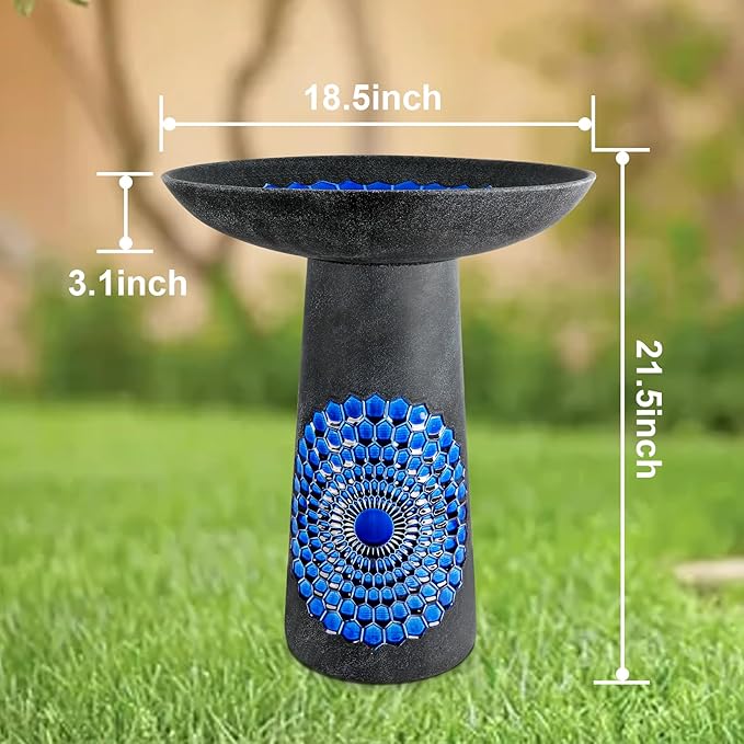 21.5'' Tall Ceramic Bird Bath for Outdoor, Heavy Duty - Cold-Weather Resistant Bird Bath, Garden and Patio Décor - Diamond Blue