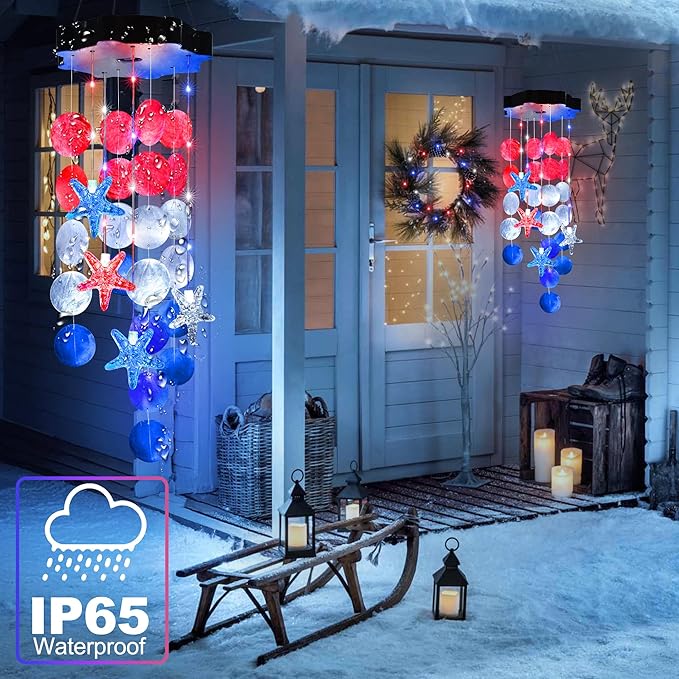 Solar Wind Chimes for Outside, Red & White & Blue Shell Gifts for Mom Grandma Women, Waterproof Solar Outdoor Decorative Mobile Lights for Garden, Yard, Patio, Window, Party, Outdoor Decorations