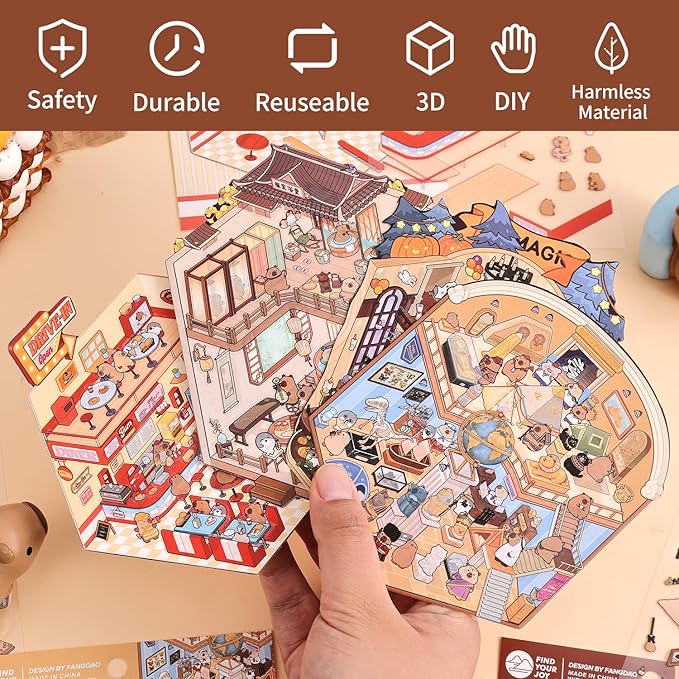 Girls 3D Miniature Scene Stickers, 4 Sets World Travel DIY House Stickers for Museun, Hotel, Magic House, Drive-In Restaurant, Cute 3D Cartoon Sticker Scenes for Adult Kids Relief Stress Pass The Time