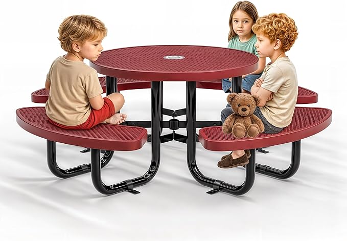 Metal Picnic Tables for Kids for Outdoors with Umbrella Hole - Coated Steel Heavy Duty Commercial Grade Table with Adjustable Seats (Red, 38 in, Kids, Expanded Steel)