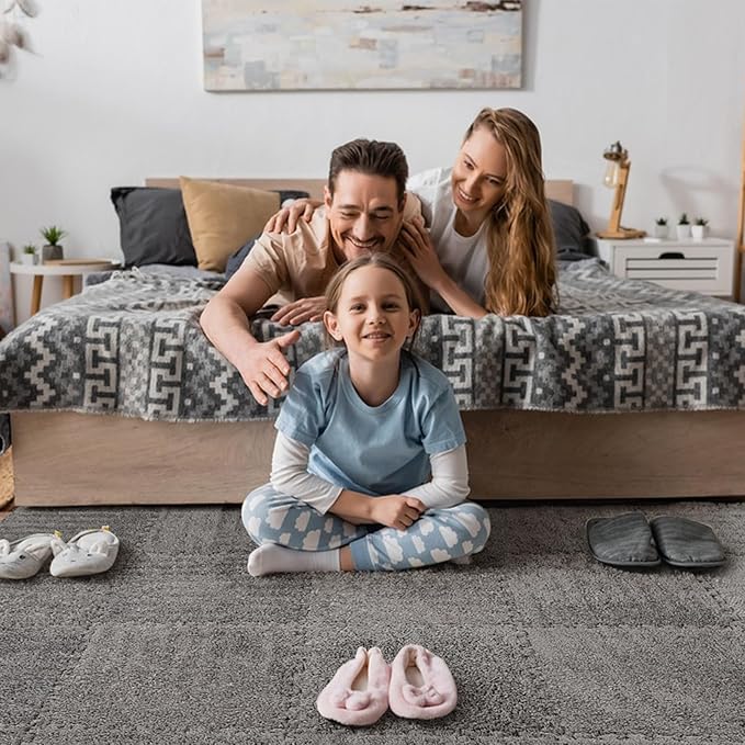 12 Pcs Plush Interlocking Carpet Tiles, Non-Toxic Shaggy Foam Carpet Tiles for Toddler Baby, Machine-Washable, Anti-Slip, EVA Foam Interlocking Tiles for Floor, Nursery, Playroom, Grey