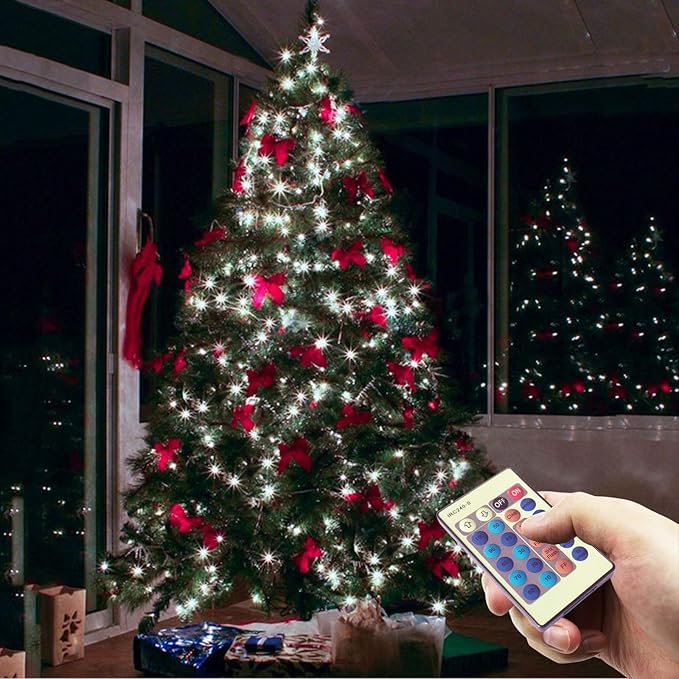 RUICHEN Cool White Dimmable Fairy Lights Plug in, 99 Ft 300 LED Twinkle String Lights with Remote, Waterproof Silver Wire Firefly Lights for Bedroom, Patio, Yard, Christmas, Wedding, Party