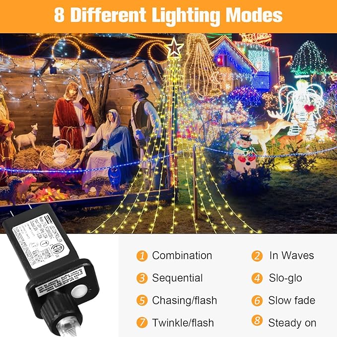 Christmas Decorations Star String Lights, 320 LED Waterfall Tree Lights with 13" Topper Star 8 Lighting Modes Indoor Outdoor Decorative for New Year, Holiday, Wedding, Party