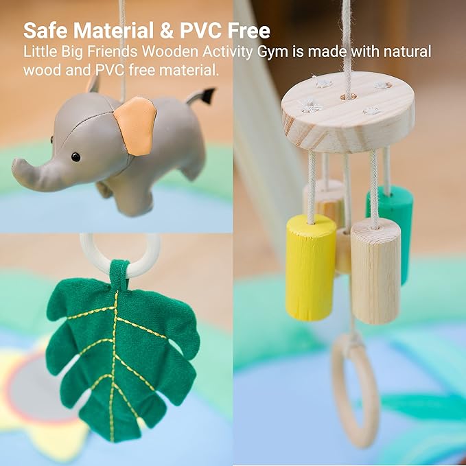 Little Big Friends Wooden Baby Activity Gym – Montessori Play Gym for Babies | Encourages Motor Skills & Sensory Development | Includes Crinkle Fabrics, Wooden Chimes & Hanging Toys – Jungle