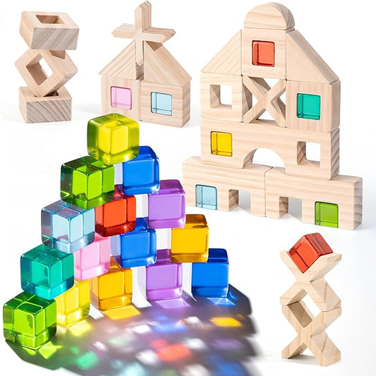 Woodtoe Wooden Rainbow Building Blocks Set for Kids, 22 PCS Wooden Blocks & 25 PCS Gem Cubes Stacking Blocks, Montessori Stacking Toys for Toddlers, Educational STEM Easter Toys for Boys Girls 3-6
