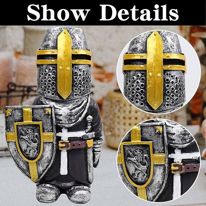 nezababy Knight Gnomes Guard Garden Statue Decoration Medieval Wee Crusader Battle Swordsman Fighting Outdoor Figurines Lawn Decor Resin (F)